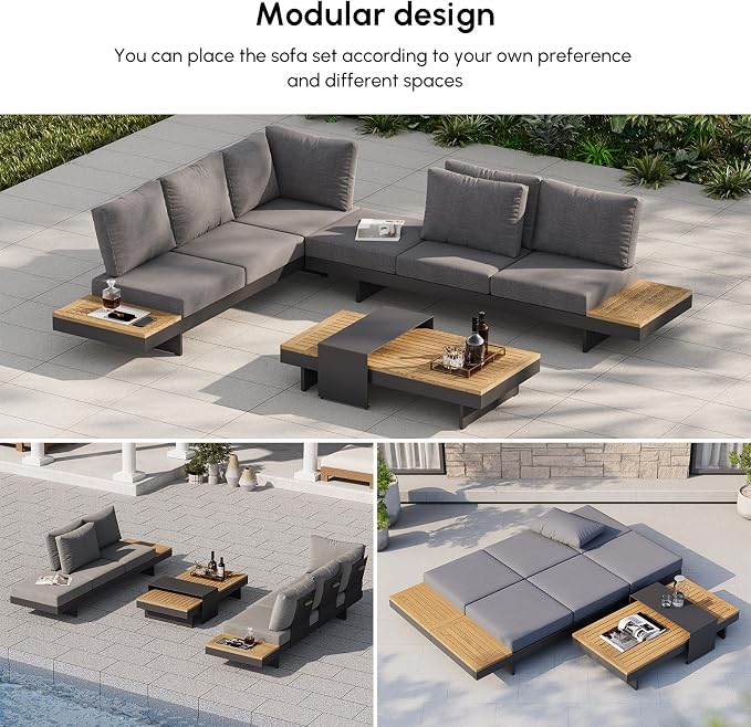 homary 4 Piece Outdoor Conversation Sets, Teak & Aluminum Modular Patio Sectional Sofa with Adjustable Backrests, Water-Resistant, Low-Profile Outdoor Couch Set for Backyard, Garden, Grey