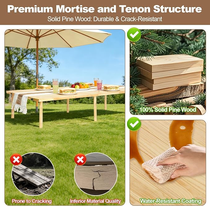 Low Picnic Table 60x30, Portable Folding Floor Table | Adjustable height wood table with boho runner, mortise-tenon joints, folds flat for beach picnics, camping, parties
