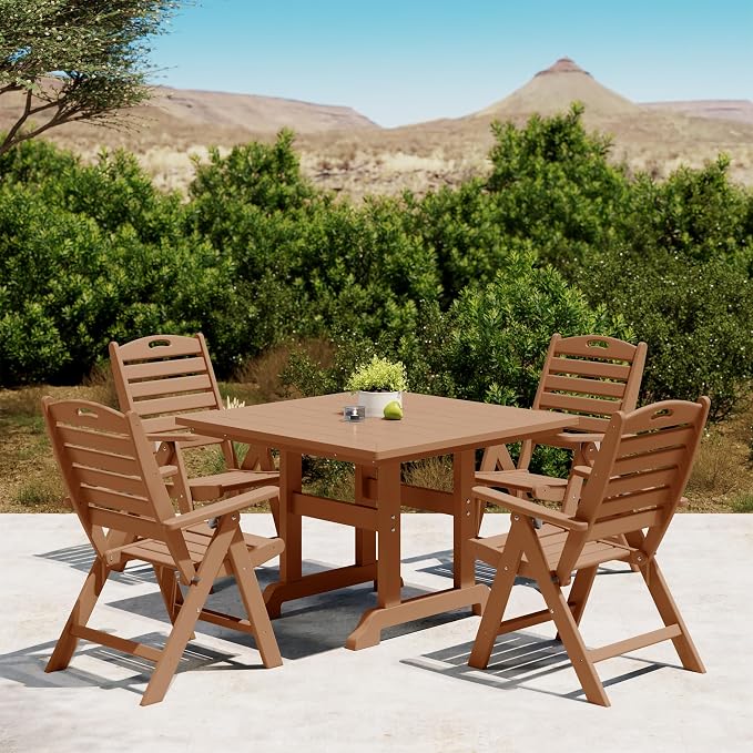 Costaelm Square Outdoor Dining Tables, 43'' Patio Table with Umbrella Hole for 4 Person, Balcony Outdoor Buffet Porch for Outside Lawn Porch Bistro Furniture, Teak