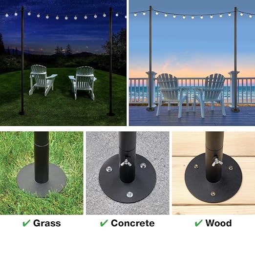 EXCELLO GLOBAL PRODUCTS Bistro String Light Poles - 4 Pack - Extends to 10 Feet - Universal Mounting Options Included
