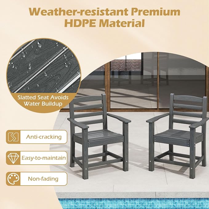 Tangkula Patio Dining Chairs Set of 4, HDPE All Weather Outdoor Chair w/Wide Armrests, Curved Seat, Wood Grain, Plastic Porch Chair for Backyard, Garden, Front Porch, Poolside (Gray, 4 Chairs)