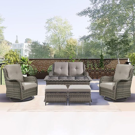 Rilyson 6 Piece Patio Furniture Set - Rattan Wicker Outdoor Patio Conversation Sets with 2 Swivel Rocker Chairs,2 Ottomans,1 Loveseat and 1 Coffee Table for Outside Porch Deck Yard(Mixed Grey/Grey)