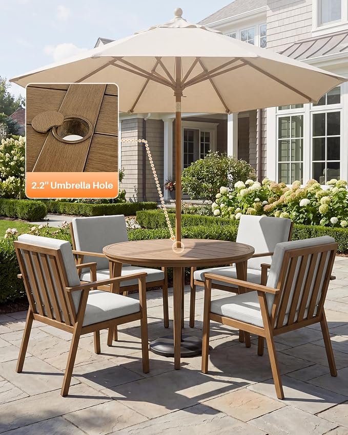 5-Piece Outdoor Patio Dining Set, Aluminum Round Dining Table with 4 Dining Chairs, Never-Rust Round Outdoor Dining Set, Patio Dining Table Set for Yard, Deck, Garden, Teak