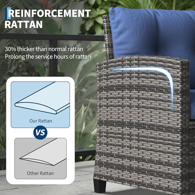 GarveeHome 3-Piece Outdoor Wicker Sofa Set, PE Rattan Patio Furniture with Removable Washable Blue Cushions & Tempered Glass Table, Conversation Seating for Garden, Poolside, Balcony, Gray Wicker