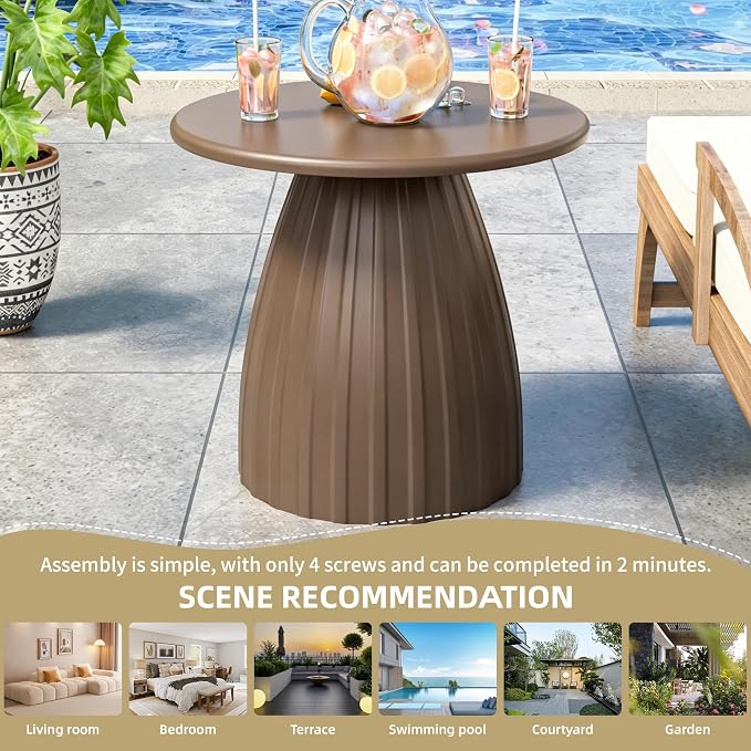 Round Metal Outdoor Patio Side Table, Steel Outdoor Accent Table, Small Patio End Table, for Garden, Pool, Yard, Balcony, Living Room, Deck, Weather Resistant, No Assembly, Brown
