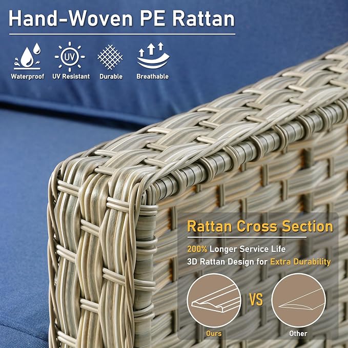 HOOOWOOO 6 Piece Patio Furniture Sets with Fire Pit Table,Outdoor Wicker Furniture Set,All Weather Resistant Outside High Back Rattan Conversation Set for Out Door(Navy Blue)