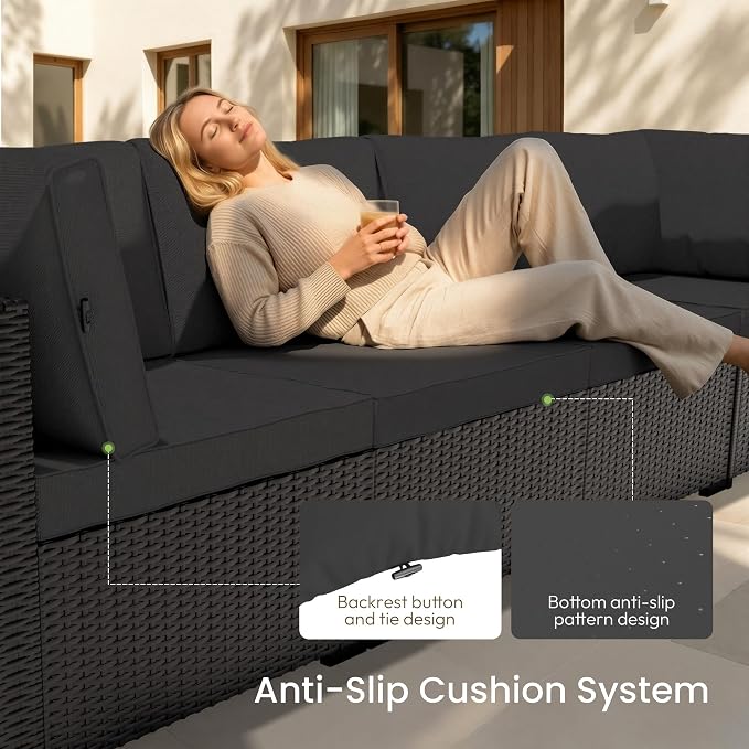 Patio Furniture Set - All-Weather - 7 Piece Patio Outdoor Conversation Set, Modular Wicker Rattan Sectional Sofa for Backyard, Garden, Poolside, Balcony, Porch, Patio,Black/Black