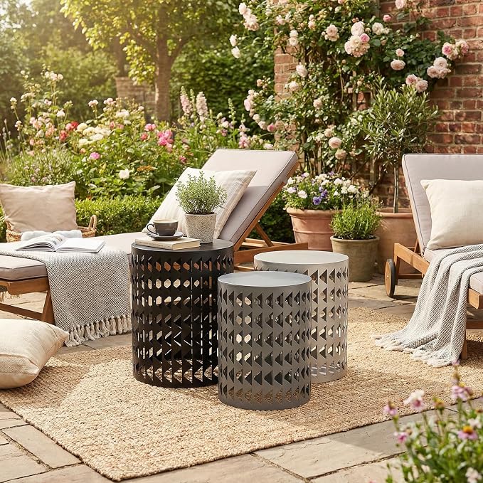 3 Set Small Patio Side Tables, 176Lbs, Round Outdoor Side Tables for Patio, Nesting Outdoor Table Set, Outside Metal End Tables, No Assembly Required