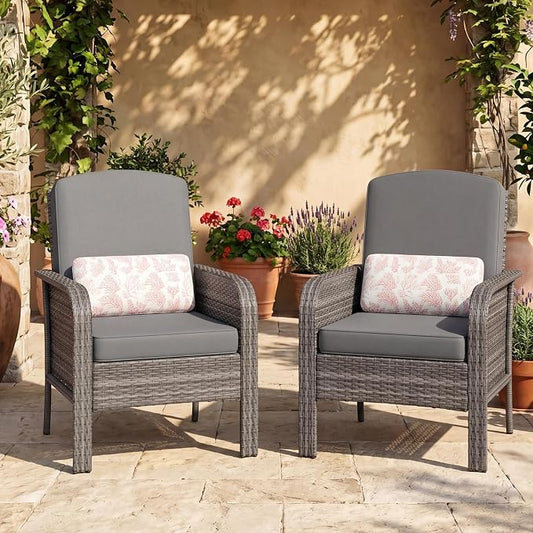 GarveeHome 2-Piece Outdoor Patio Furniture Set, All-Weather Rattan Chairs with Thick Cushions, High Back Wicker Lounge Chairs for Porch, Deck, Garden, Poolside & Backyard (Grey Rattan, Grey Cushion)