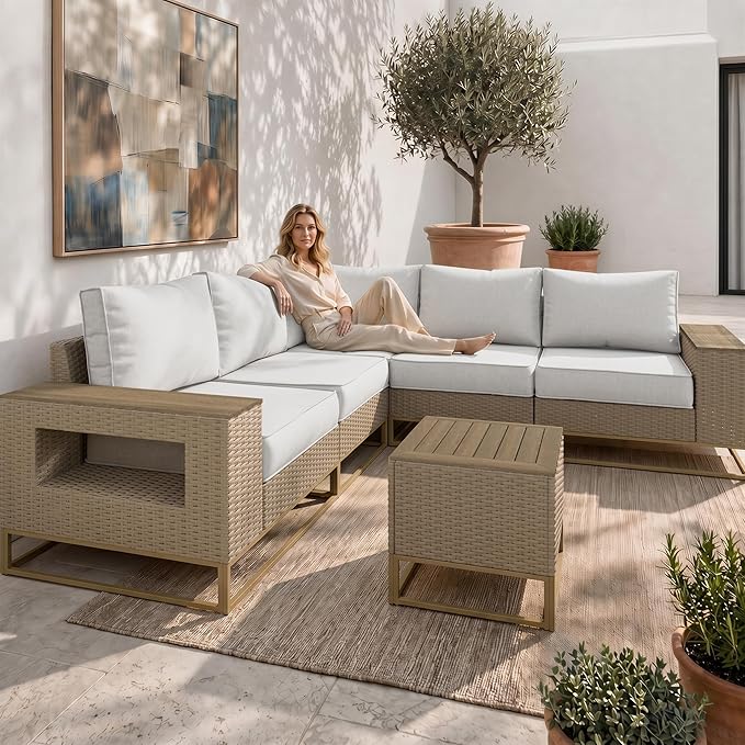 6-Piece Outdoor Patio Furniture Set, Modern PE Wicker Outdoor Sectional Sofa with Storage Armrests & 5.5" Thick Cushions, L-Shaped Couch for Deck, Porch, Backyard, Ivory White