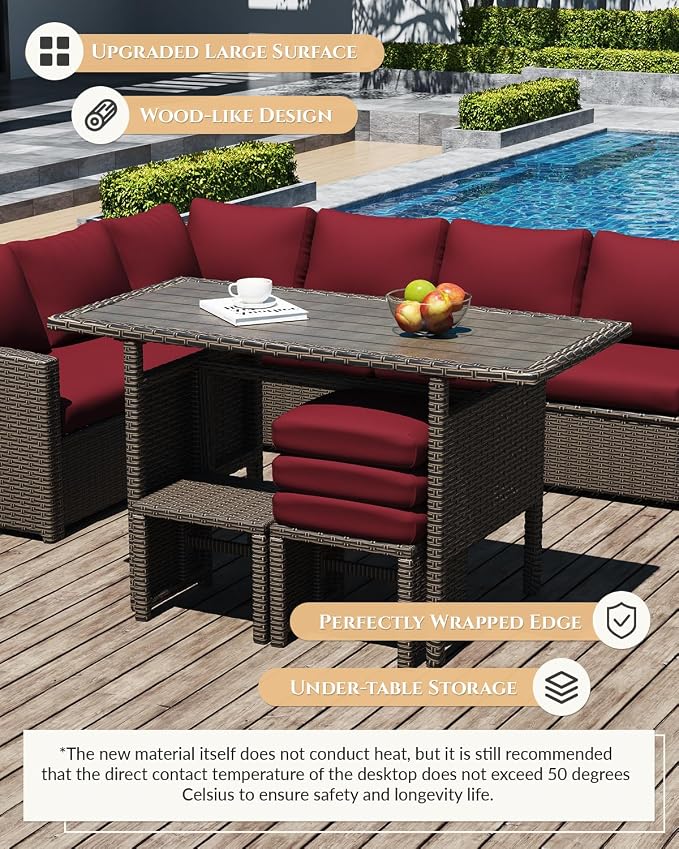 U-MAX 7 Pieces Patio Furniture Set, Outdoor Sectional Sofa Conversation Set, All Weather Wicker Rattan Dining Table & Chair with Ottoman, Brown Rattan&Wine Red Cushion