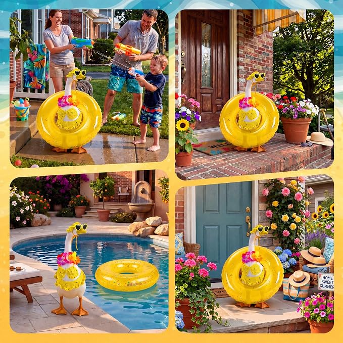 Summer Knitted Bikini Goose Outfit Hawaiian Beach Porch Goose Clothes Swimsuit with Wide Hat Sunglass Swim Ring for 17-23 Inch Cement Geese Statue Costume Outdoor Patio Lawn Garden Yard Decor