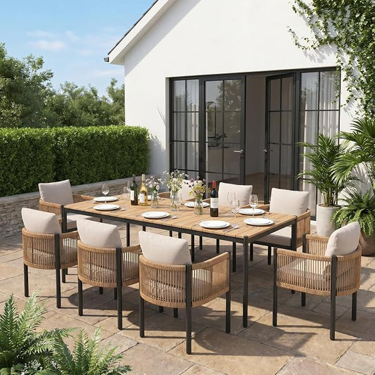 SUNSITT 9 Piece Outdoor Patio Dining Set, Patio Dining Furniture Set with 82.6” Metal Dining Table w/WPC Tabletop and 8 Patio Woven Rattan Chairs w/Curved Armrest for Garden, Beige