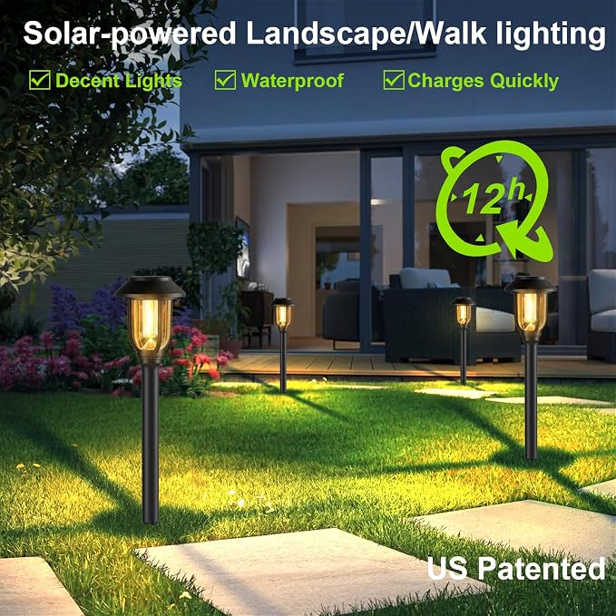ILANCK Solar Pathway Lights Outdoor,12 Pack Solar Lights Outdoor Waterproof, Warm White Auto On/Off LED Solar Powered, Garden Landscape Lighting for Yard Walkway Driveway Path Decorative