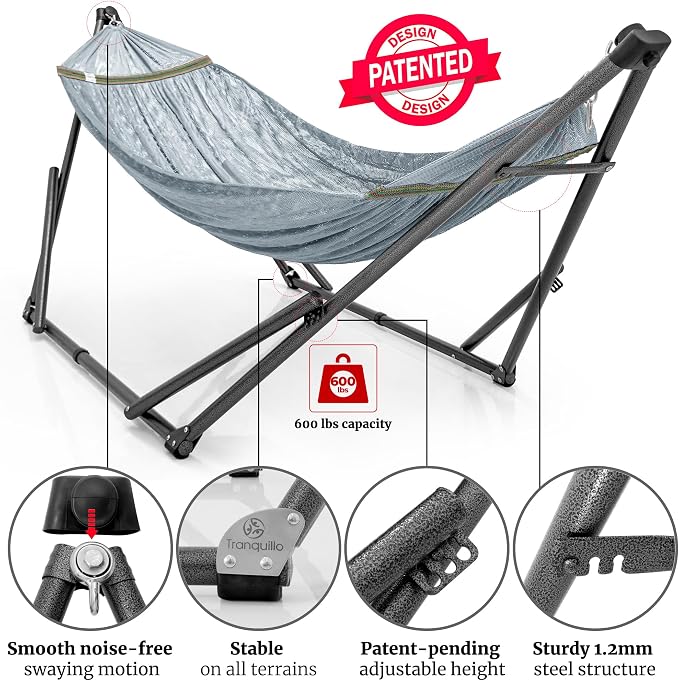 Tranquillo Combo x2 Hammocks with Stand for Outside & Tree Straps, Heavy Duty Hammock with Stand 600lbs for Indoor Outdoor Patio Backyard, x2 Hammocks for 2 Person (Combo - Grey, Medium)