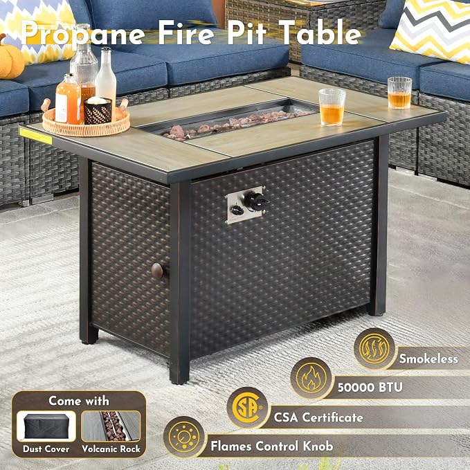 Weaxty 11 Piece Patio Furniture Set with Fire Pit Table, Outdoor Sectional Couch Swivel Rocker Patio Chairs with Coffee Table Wicker Conversation Sets for Balcony Backyard, Denim Blue