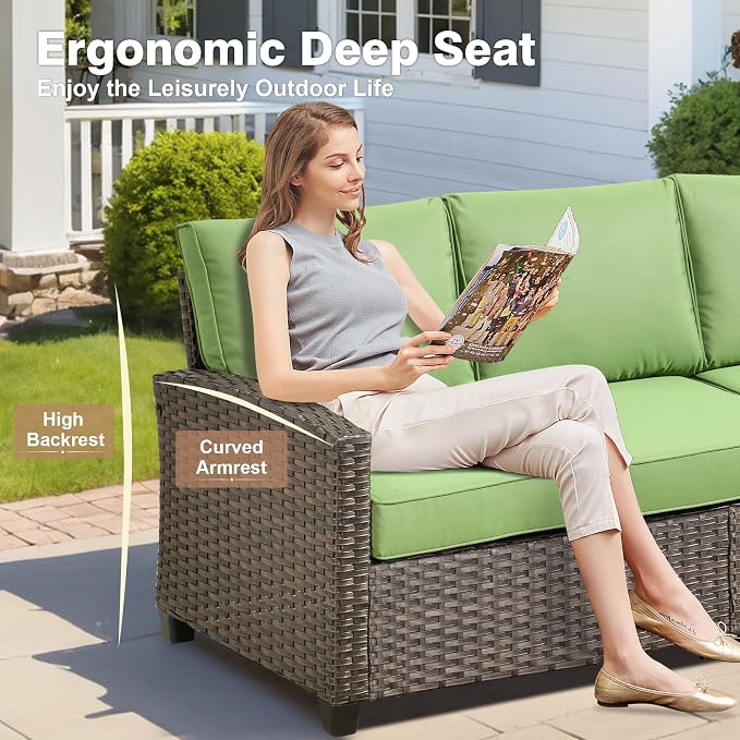 ovios 7 Pieces Patio Furniture Set, Outdoor Wicker Sofa Couch with 4 Chairs Comfy Cushions, All Weather Brown Rattan Conversation Set for Backyard Deck Porch, Green
