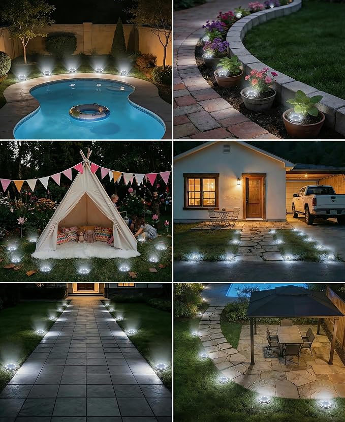 LOTMOS 20 Pack Solar Ground Lights Outdoor, 8 LED Solar Flat Lights IP68 Waterproof Disc Light, Landscape Lighting Solar Powered for Garden Yard Path Driveway Lawn Patio Walkway, Cool White