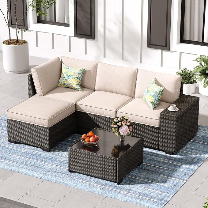 All Weather Outdoor Wicker Sectional Sofa Beige Rattan Conversation Seating with Tempered Glass Table Ottoman 5 Piece Patio Furniture Set for Porch Garden Backyard