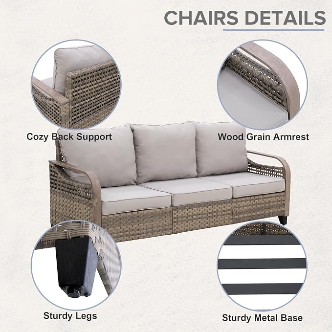 COOS BAY Modern Wicker Outdoor Furniture Set, 3 Piece Patio Conversation Set with a 3 Seat Couch and 2 Ottomans, 3 Piece, Brown/Gray