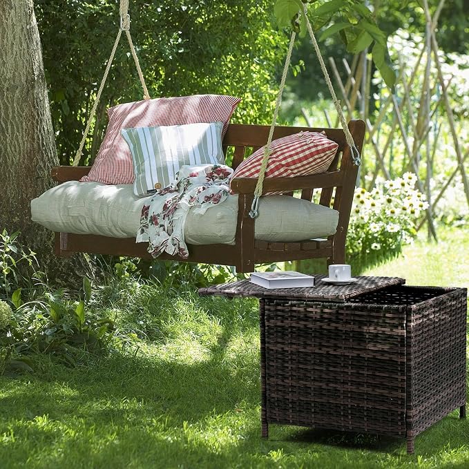 HOMSUPPLIE'S 27 Gallon Outdoor Side Table with Storage Space, Waterproof Wicker Patio Deck Box, Rattan End Table with Hidden Storage for Pool Towels, Toys & Garden Tools(Brown,Square)