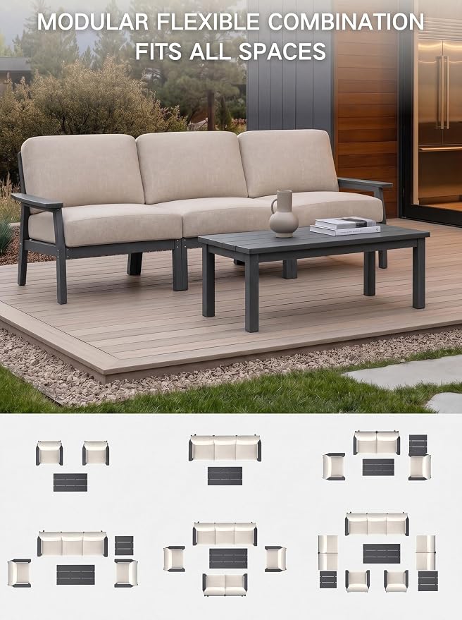 AreShark 3-Piece HDPE Patio Conversation Set, All Weather Outdoor Couch Set with Thick Cushions, Outdoor Sectional Outdoor Sofa Set for Lawn, Deck, Backyard, Grey & Beige