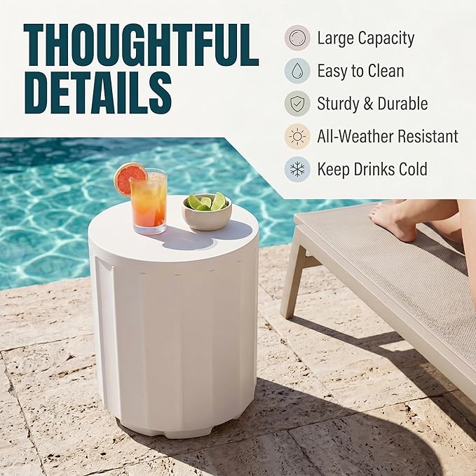 Outdoor Cooler Side Table, 2 in 1 Ice Chest Cooler Table All Weather Resistant | Dense Fluted Cooler Side Table with Hangable Lid for Patio Decor, Deck, BBQ, Beach | White