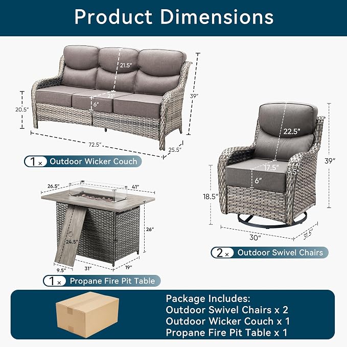 Luxury High Back Outdoor Furniture 6-Inch Thick Cushions with 50,000 BTU Gas Propane Fire Pit Tablet, Patio Furniture Set with Swivel Chairs, for Porch, Balcony, Deck and Yard