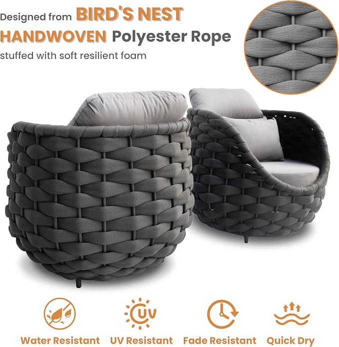 4-Piece Alumunim Outdoor Seating Set: All-Weather Patio Accent Furniture Sofa Set, Hand Woven Rope, No Assembly, Modern Garden Lounge Conversation Set for Backyard Deck Porch Poolside Hotel