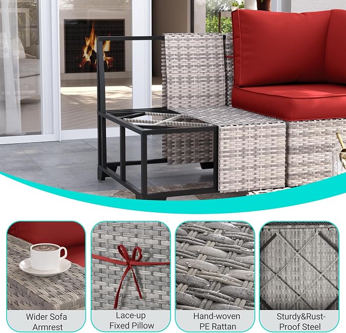 11-Piece Outdoor Patio Furniture Set with Rocking Swivel Chair Wicker Sectional Sofa Set, Patio Conversation Set with Ottomans & Coffee Table for Garden, Backyard, Poolside, Red