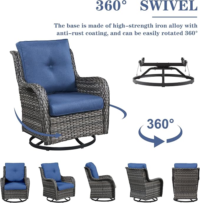 Belord Wicker Patio Furniture Sets - 8 Piece Outdoor Furniture Rattan Conversation Sets with 4 Swivel Rocker Chairs, Rattan Sofa, Wicker Ottomans and Coffee Table, Mixed Grey/Blue