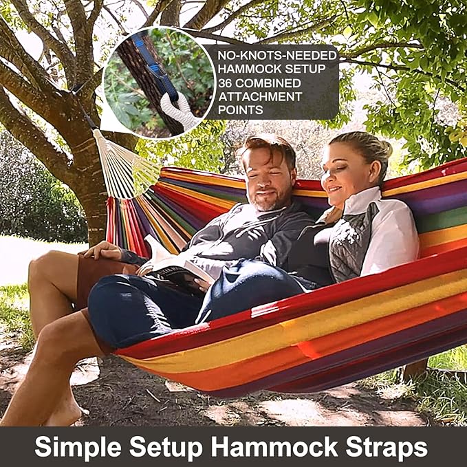 CHULIM Brazilian Double Hammock with Tree Straps,Extra Large 94x63IN,2 Persons Hammock for Backyard Patio Outdoor and Indoor,450lbs Weight Capacity,Soft Woven Cotton Fabric - Aqua Bule Stripe