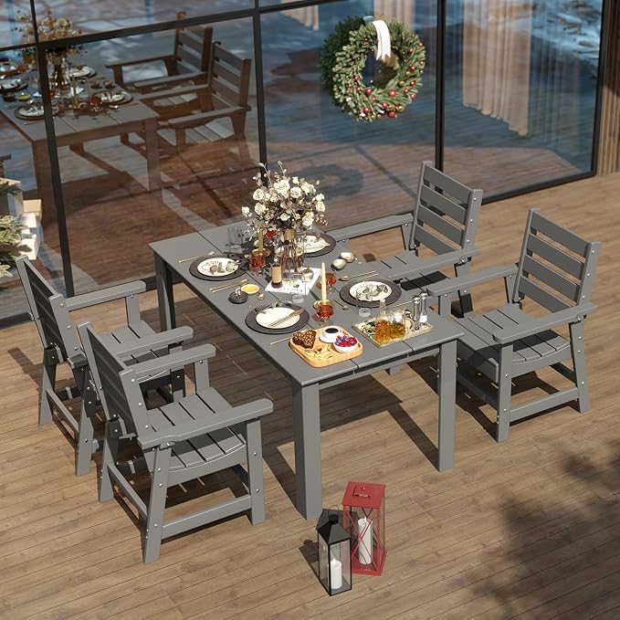 IVY&LANE Outdoor Dining Table | HDPE | 67’’ Rectangle Tables | Grey | All Weather | Umbrella Hole | Patio Furniture | for Poolside Lawn Garden Backyard