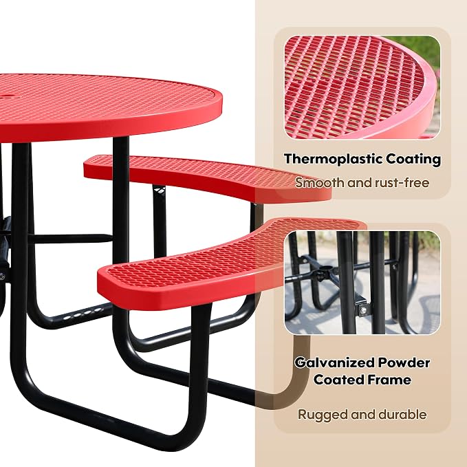 46" Round Picnic Tables for Outdoors,Commercial Metal Picnic Table Bench Set W/ Umbrella Hole,Restaurant School Canteen Tables W/Seats - Heavy Duty Sturdy Picnic Tables for Patio Garden Coffee Shop