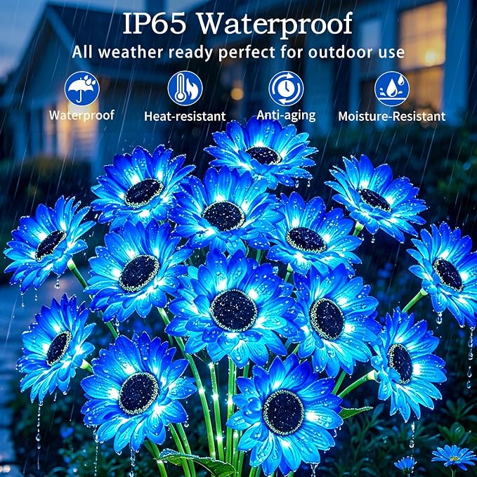 MRHEPHAESTUS Solar Garden Lights Outdoor, 4 Pack Solar Blue Sunflower Lights with 18 Head 3.5 Inch Flowers, Waterproof Flowers Light Fall Decor Auto ON/Off for Garden Yard Patio, Gifts for Mom Women