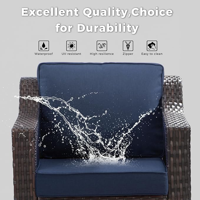6 Pieces Patio Conversation Furniture Set - 1 Sofa, 2 Swivel Chairs, 2 Ottomans, 1 Side Table, Outdoor Wicker Furniture with Removable Cushions for Porch, Balcony, Sunroom (Blue)