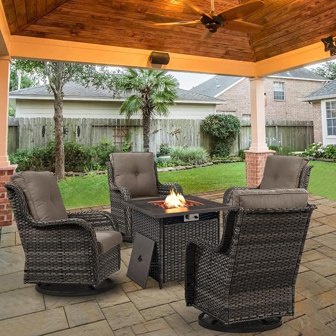 Belord Patio Furniture Set with Fire Pit Table, Outdoor Swivel Rocker Patio Chairs, Wicker Furniture Set Ideal for Porch, Deck, Pool, Yard, SunroomGray Wicker/Gray