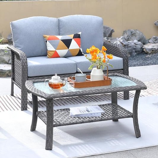 ovios 2-Piece Patio Furniture Set, Outdoor Wicker Sofa with Coffee Table, High Back Rattan Couch Loveseat with Comfy Cushions for Porch Yard Deck, Grey