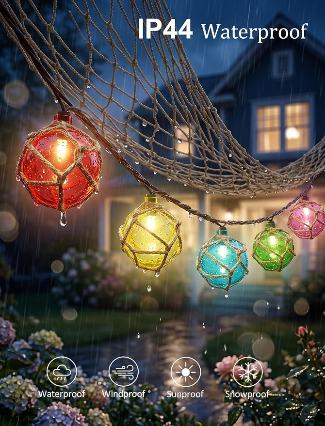 8.5 Ft 10L Multicolor Nautical Fishing Float String Lights Set of Fish Net | Waterproof，Plug in Beach Themed Buoy Lights for Indoor Party, Tiki Bar, Home, Camping Outdoor Patio Decorations