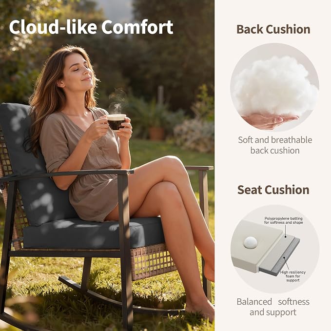 Deersky 4 Piece Outdoor Patio Furniture Set, Outdoor Rocking Chairs and Table, All-Weather Modern PE Wicker Rattan Patio Conversation Set for Porch Sunroom Deck and Yard, Dark Grey