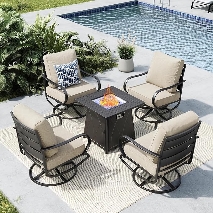 MFSTUDIO 5 Pieces Patio Conversation Sets, Outdoor Metal Furniture Sofas with 1 x 28 50,000 BTU Square Propane Fire Table and 4 x Wrought Iron Frame Swivel Chairs with Beige Cushion