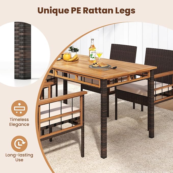 Tangkula 6 Pieces Patio Dining Table Set, Outdoor Rectangular Acacia Wood Table with 1.97” Umbrella Hole & Cushioned Backless Bench & 4 Armchairs, for Garden, Deck, Yard