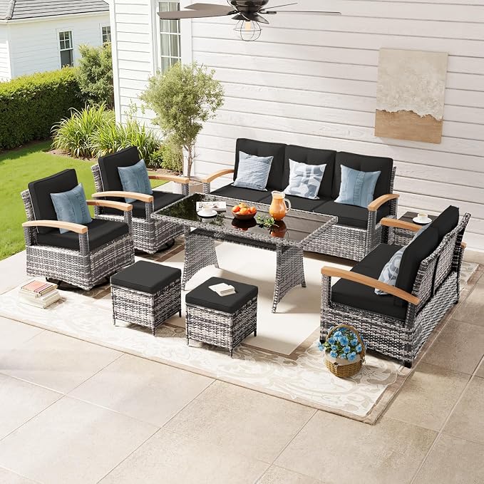 MEISSALIVVE 8 Pieces Patio Furniture Sets, PE Wicker Outdoor Conversation Sets with 2 Wood Armrests Swivel Rocker Chairs, 2 Ottomans, 2 Sofa and Dining Table (Black)