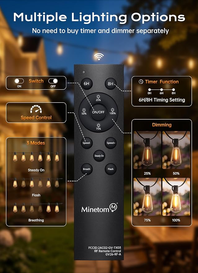 Minetom 152FT Outdoor String Lights with Remote, ST38 Patio Lights Dimmable | Waterproof LED Christmas Lights with 3 Modes, Shatterproof Connectable Outside Lights for Backyard Porch Deck Garden Decor