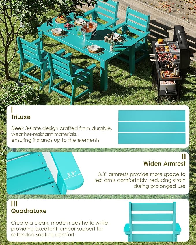 GREENVINES 7-Piece Outdoor-Dining-Set | HDPE Plastic 67'' Table and Chairs Sets for 6 | Patio Furniture | All Weather | Umbrella Hole | Aqua | for Poolside Garden Backyard