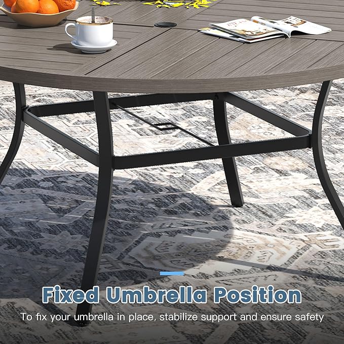DIFY 7 Piece Outdoor Dining Set for 6, 50" Grey Wood-Like Round Metal Dining Table with Umbrella Hole and Swivel Patio Chairs with Sandshell Textilene, Patio Table and Chairs Set for Garden Backyard