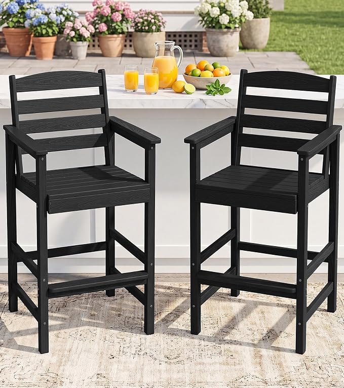 SERWALL Tall Adirondack Chairs Set of 2, Balcony Adirondack Chairs Set, Outdoor Bar Height Widened Chair Set for Bistro, Poolside, Garden, Black