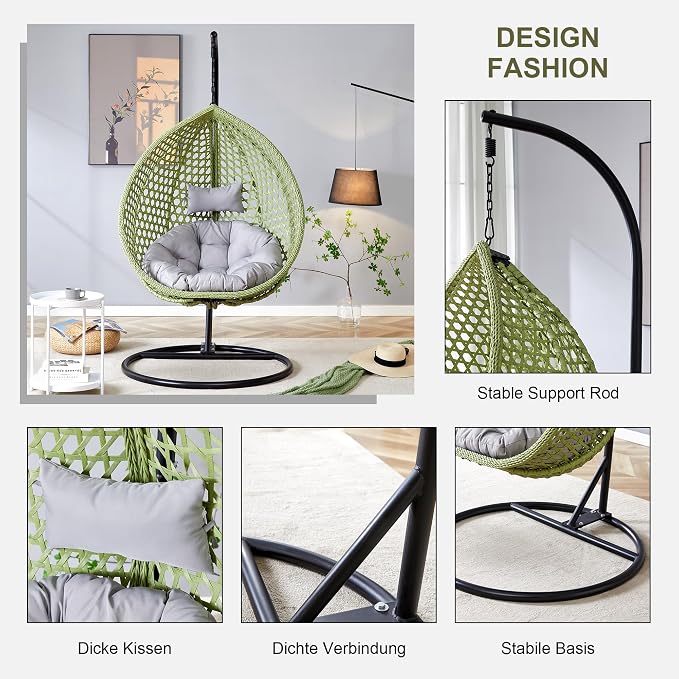 Hanging Egg Swing Chair with Stand, Rattan Wicker Hanging Egg Chair Hammock Indoor with Cushions, Swinging Chair for Bedroom Outdoor Patio Balcony Backyard Sunroom Heavy Duty 350LBS, Green