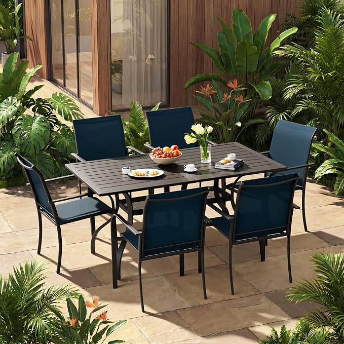 Incbruce 7 Pieces Patio Dining Set, Outdoor Dining Set of 6 Textilene Chairs and Rectangle Table with Umbrella Hole for Backyard, Garden, and Poolside (Blue)