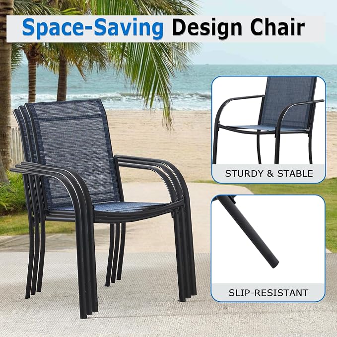 5-Piece Outdoor Dining Set, 35.5" Square Metal Patio Table with Dark Blue Chairs, Black Table with Umbrella Hole for Garden, Yard, Patio